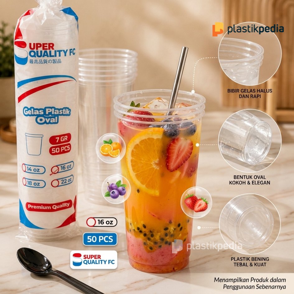 Cup Plastik Super Quality Oval (5 PACK ) 14oz 16oz 18oz 22oz Isi 50 Pcs 1 PACK Gelas Plastik Bening 