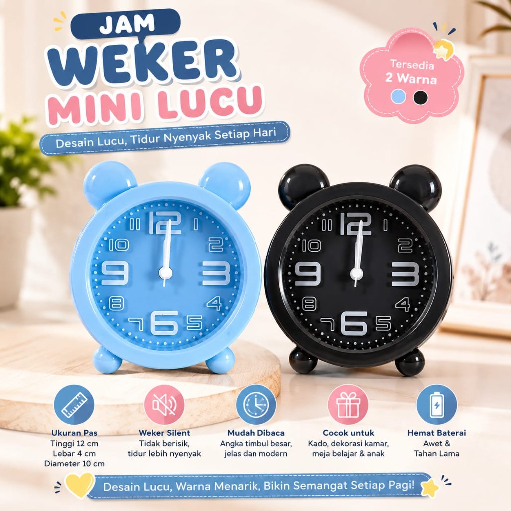 Jam Weker Mini Lucu Karakter Bulat | Alarm Clock Meja | Jam Meja Anak & Kamar Terbaru | Jam Karakter