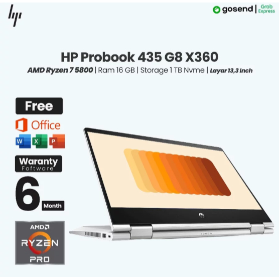 Laptop HP Probook 435 G8 X360 AMD Ryzen 7 5800 Ram 16 GB SSD 1 TB Layar 13.3 Inch Touchscreen Flip 3