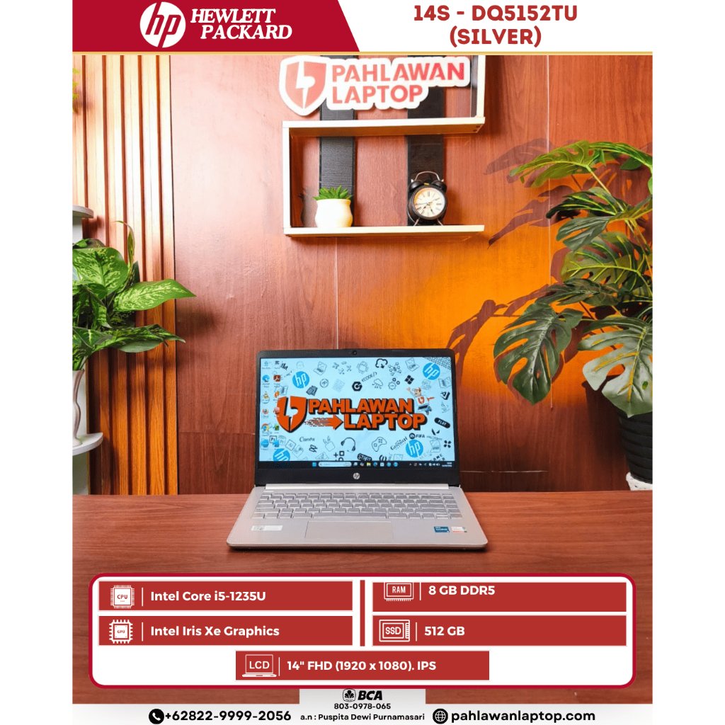 HP 14s -DQ5152TU Core i5-1235U / RAM 8 GB /SSD 512 GB/ Ukuran Layar 14"