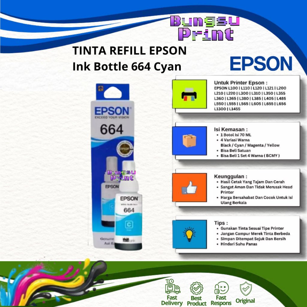 Tinta Epson T6642 - 664 Cyan (C13T664200)