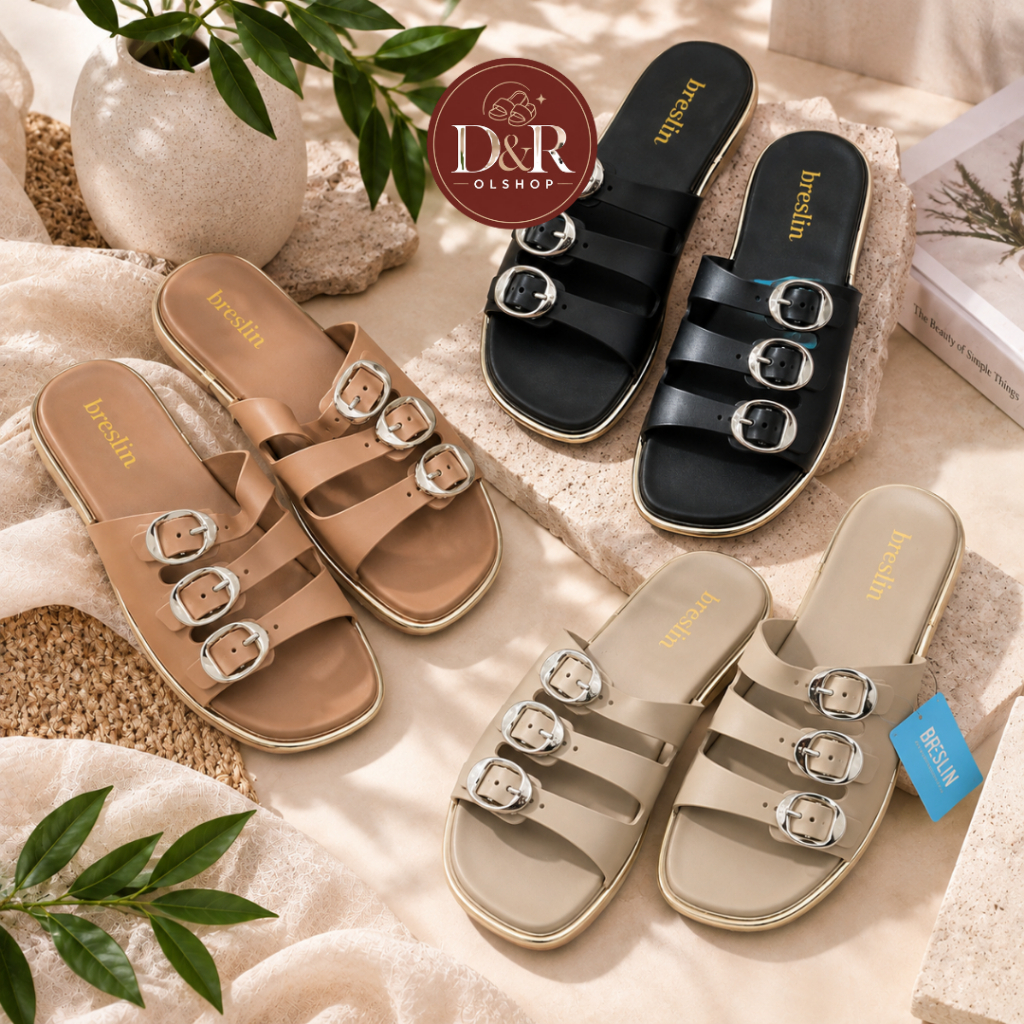 Sandal Wanita BRESLIN 3 Buckle Slip On Flat Casual