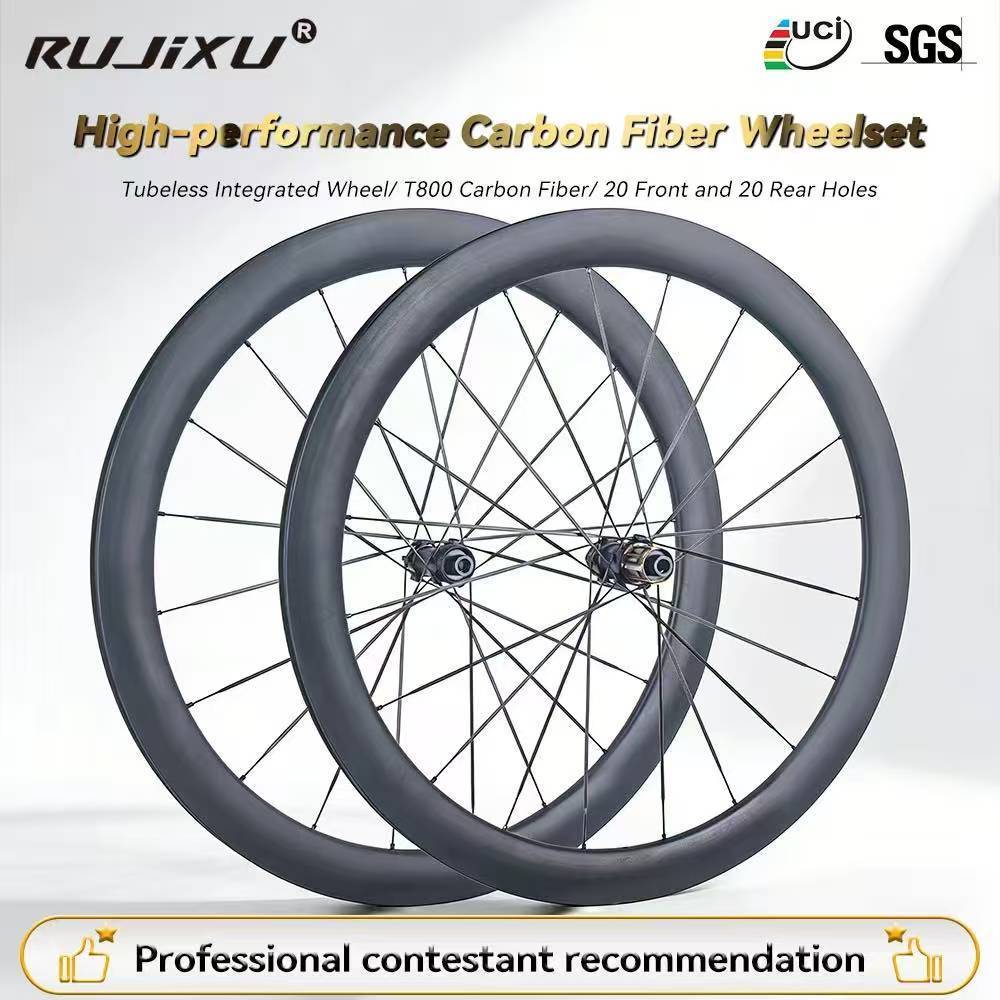 RUJIXU Wheelset Carbon Bicycle 50 Disc Brake Center Lock Tubeless T800 20 Front 20 Rear Holes 3.7MM 