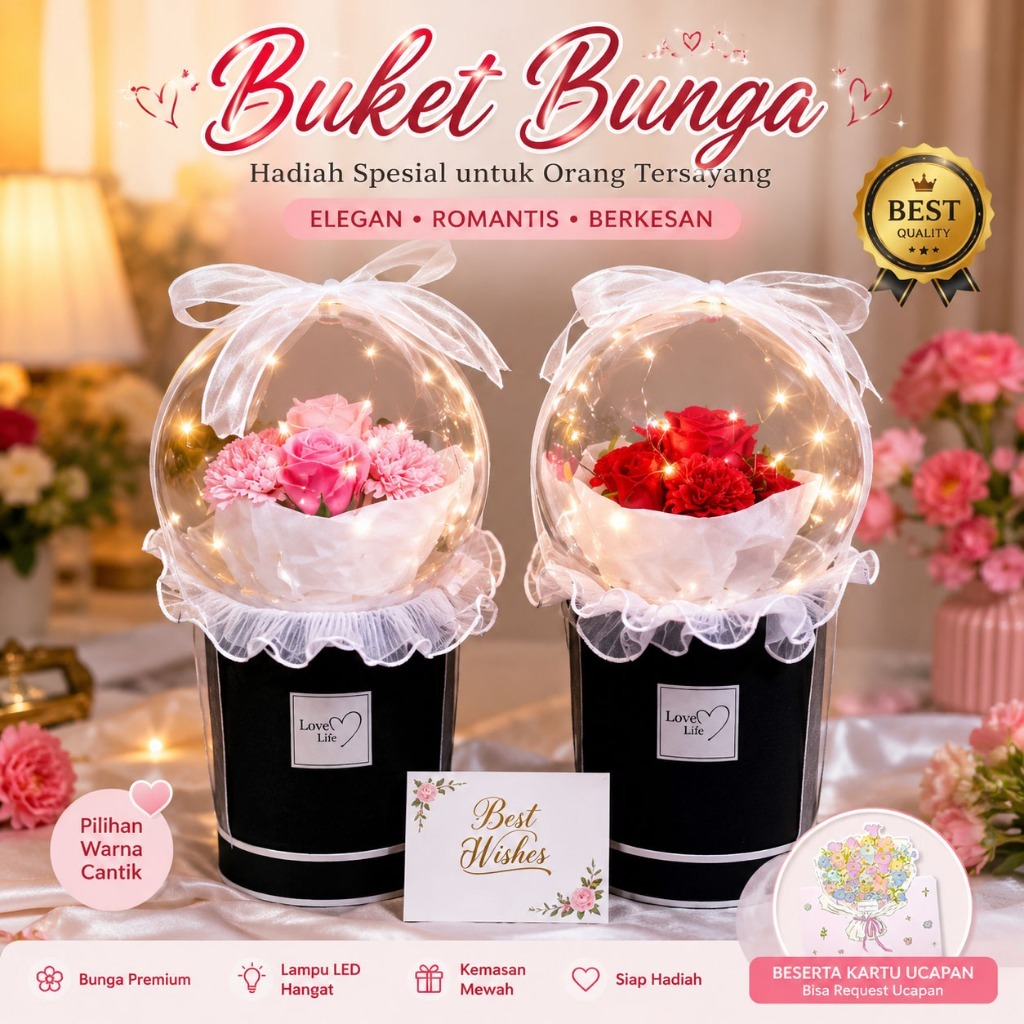 Buket Bunga Artificial Premium LED Dalam Dome Kaca Bulat + Kartu Ucapan Kado Ulang Tahun Hadiah Wisu