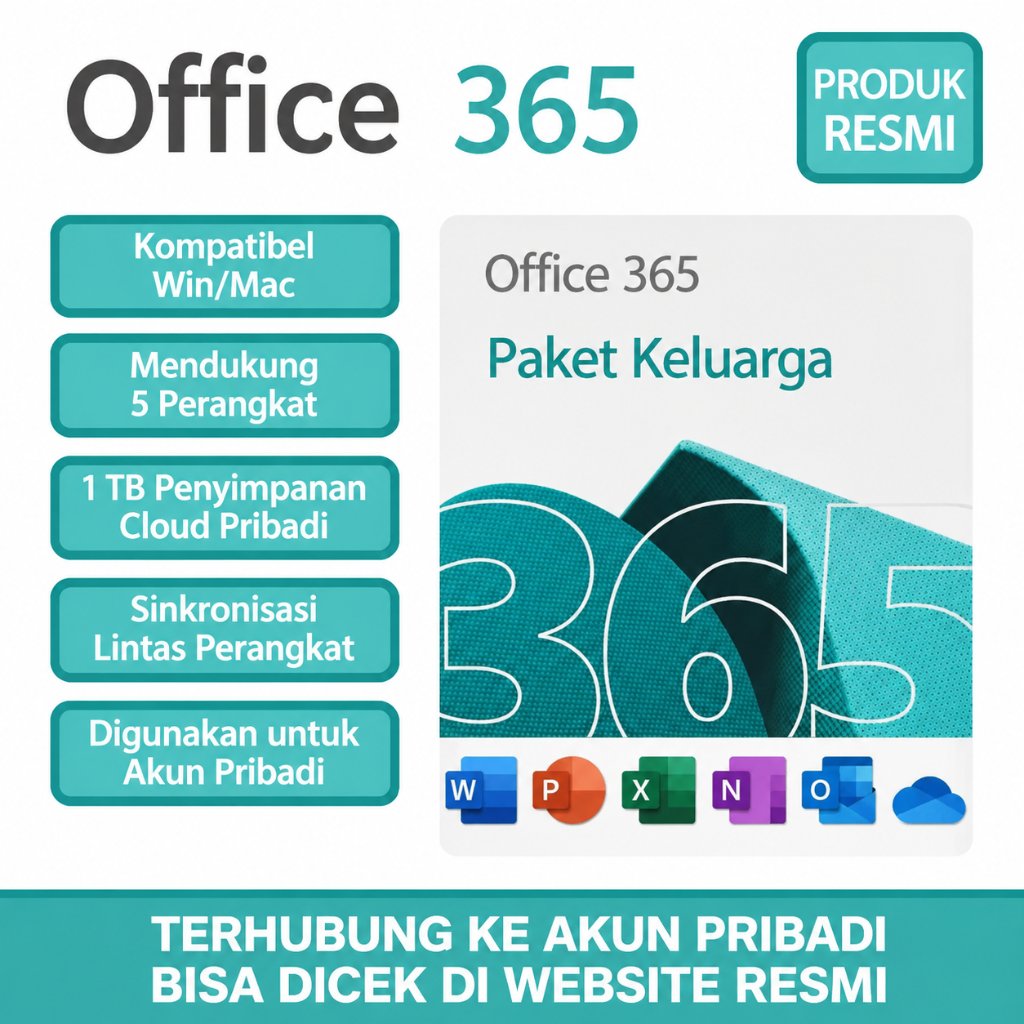 Lisensi Microsoft Office 365 Family 1 Tahun 1 Pengguna 5 Perangkat 1TB OneDrive Berlangganan
