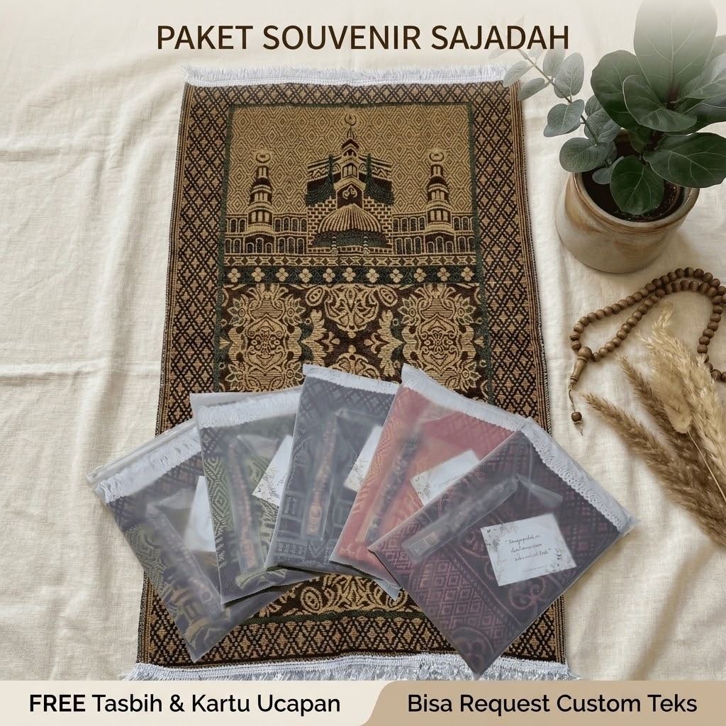 Souvenir Sajadah Travel Kemasan Pouch Zipper PVC Free Tasbih Kayu + Kartu Custom Ucapan Tahlilan Haj