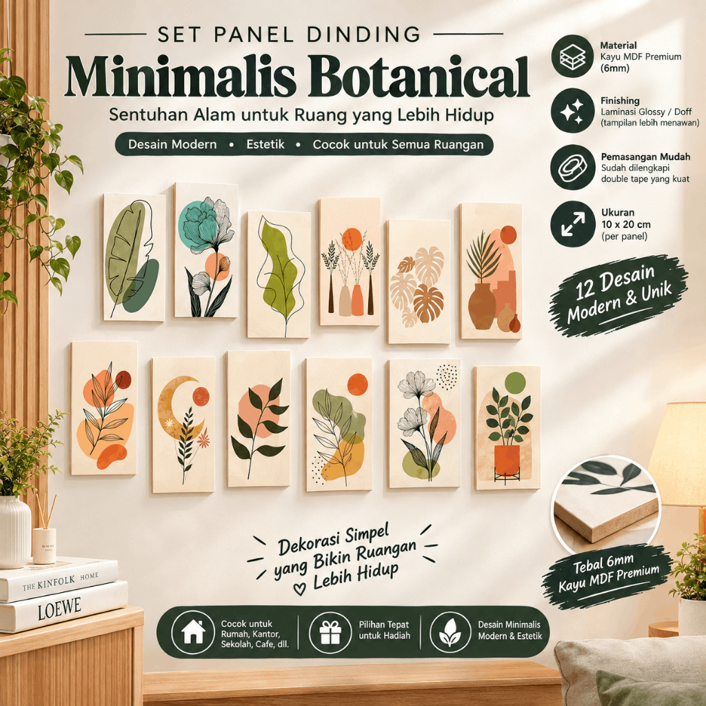 Hiasan Dinding Minimalis Botanical 12 Desain Kayu MDF 6mm 10x20 cm Pemasangan Mudah Dekorasi Rumah K