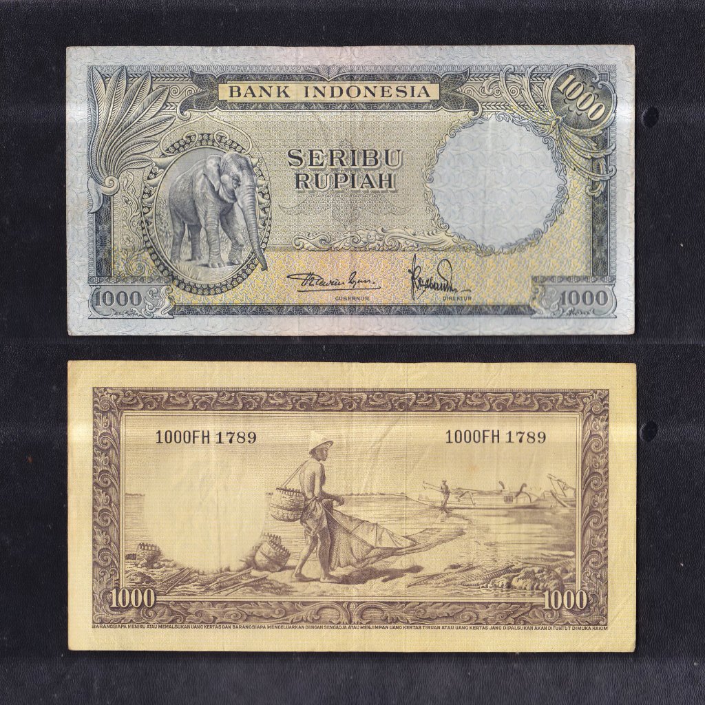 Uang kuno 1000 rupiah seri Hewan (gajah) tahun 1957 ... FH 1789