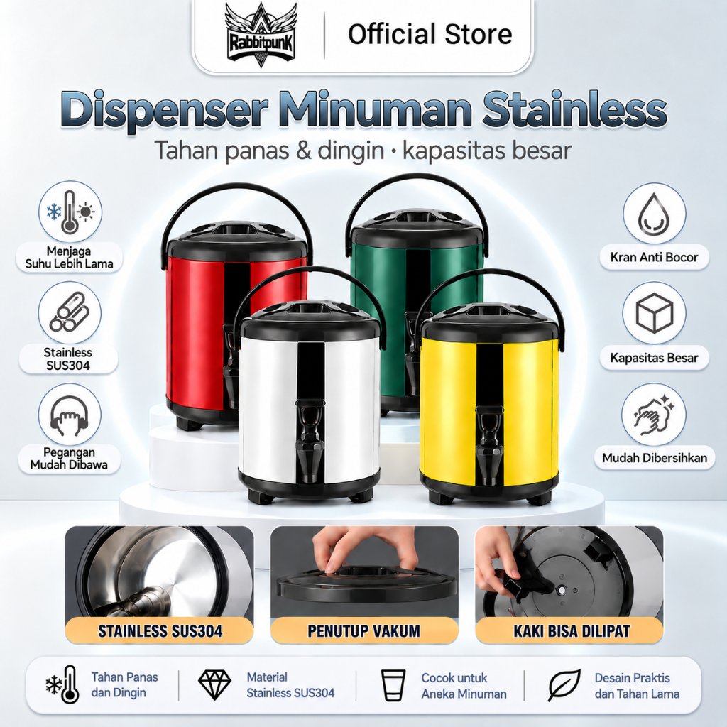 Rabbitpunk-Dispenser Termos Stainless Steel 10L - Kapasitas Besar, Desain Elegan, Wadah untuk kopi, 