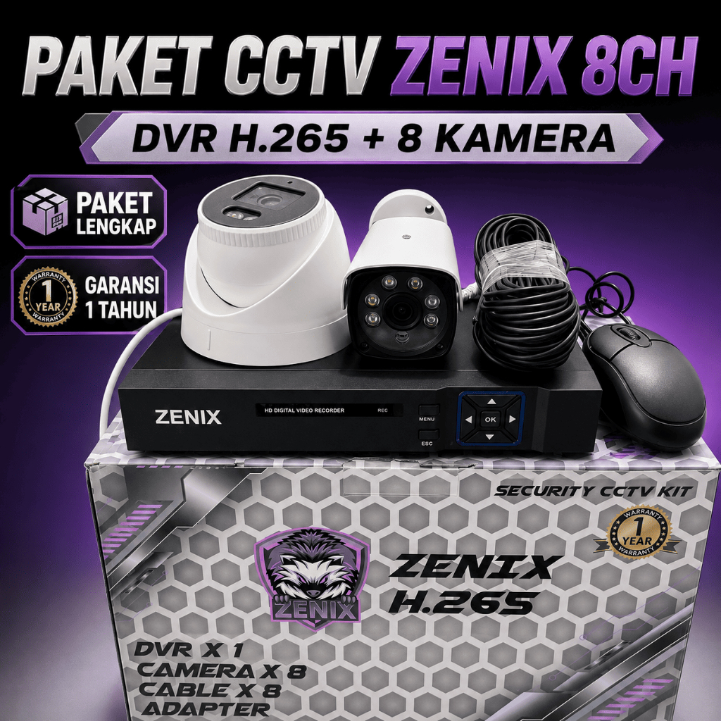 Paket CCTV Zenix 8 Channel H.265 DVR 8CH 8 Kamera Lengkap Kabel dan Adapter