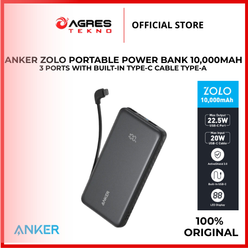 Anker Zolo Portable Power Bank 10,000mAh 3 ports with Built-in Type-C Cable Type-A port 22.5W Fast C