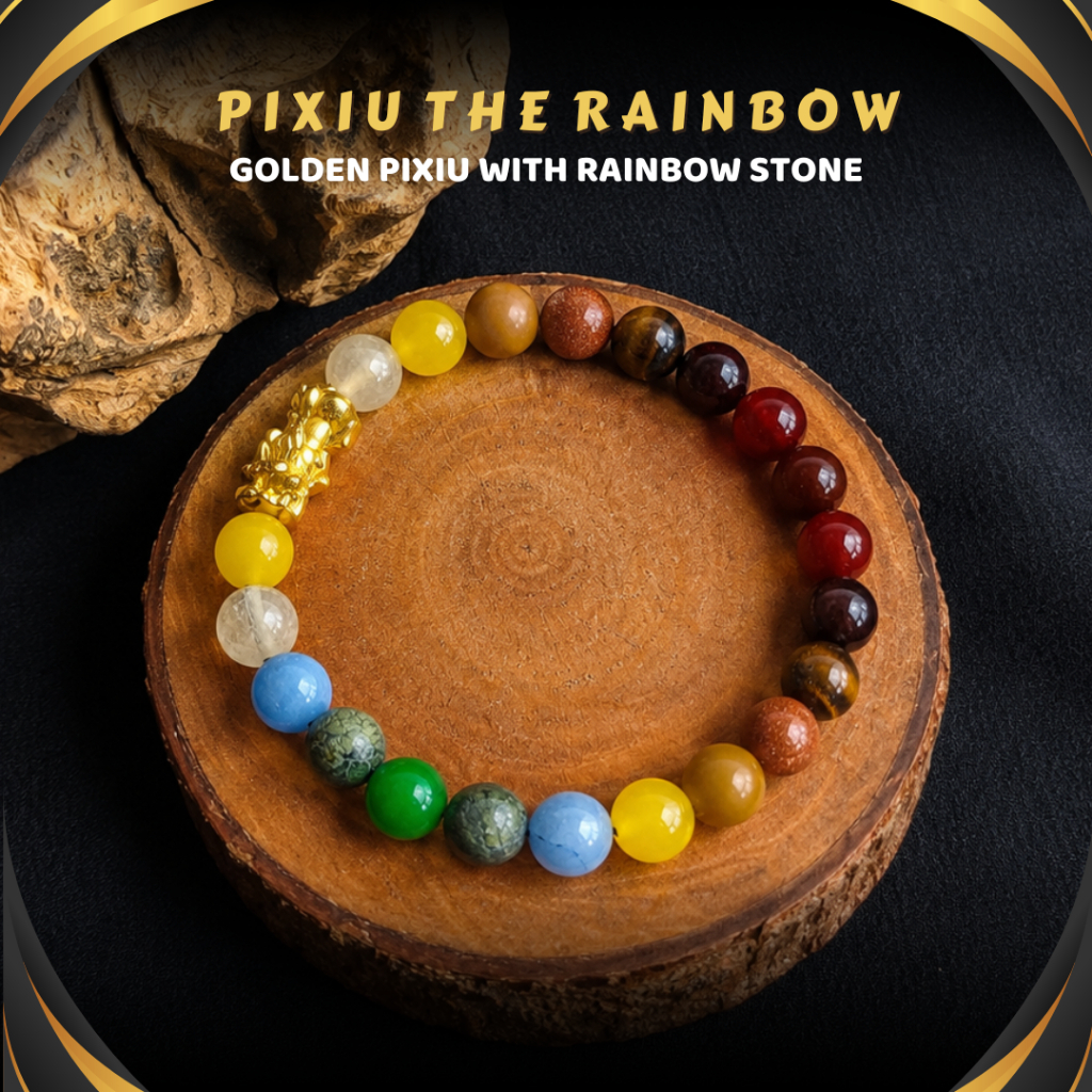 Gelang Pixiu Naga Emas Batu Kristal Asli 100% Original Rainbow Pria Wanita