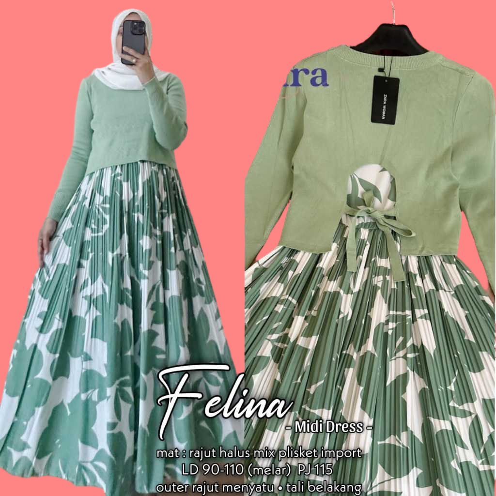 Felina dres maxy wanita ld 110 rajut import mix plisket motif polos bunga jumbo premium terbaru 2024