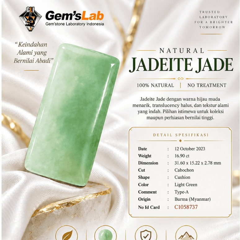 Permata Natural Jade Jadeite Burma Type A Giok Birma 17,10 carat