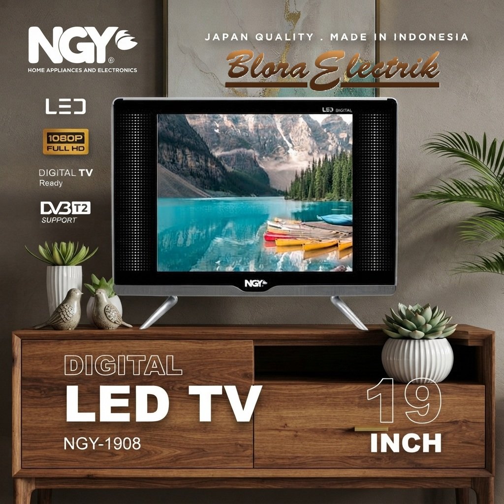 NGY LED TV Digital HD 19 in / Televisi HDMI USB | 1908  NAGOYA - Black, 19 inch