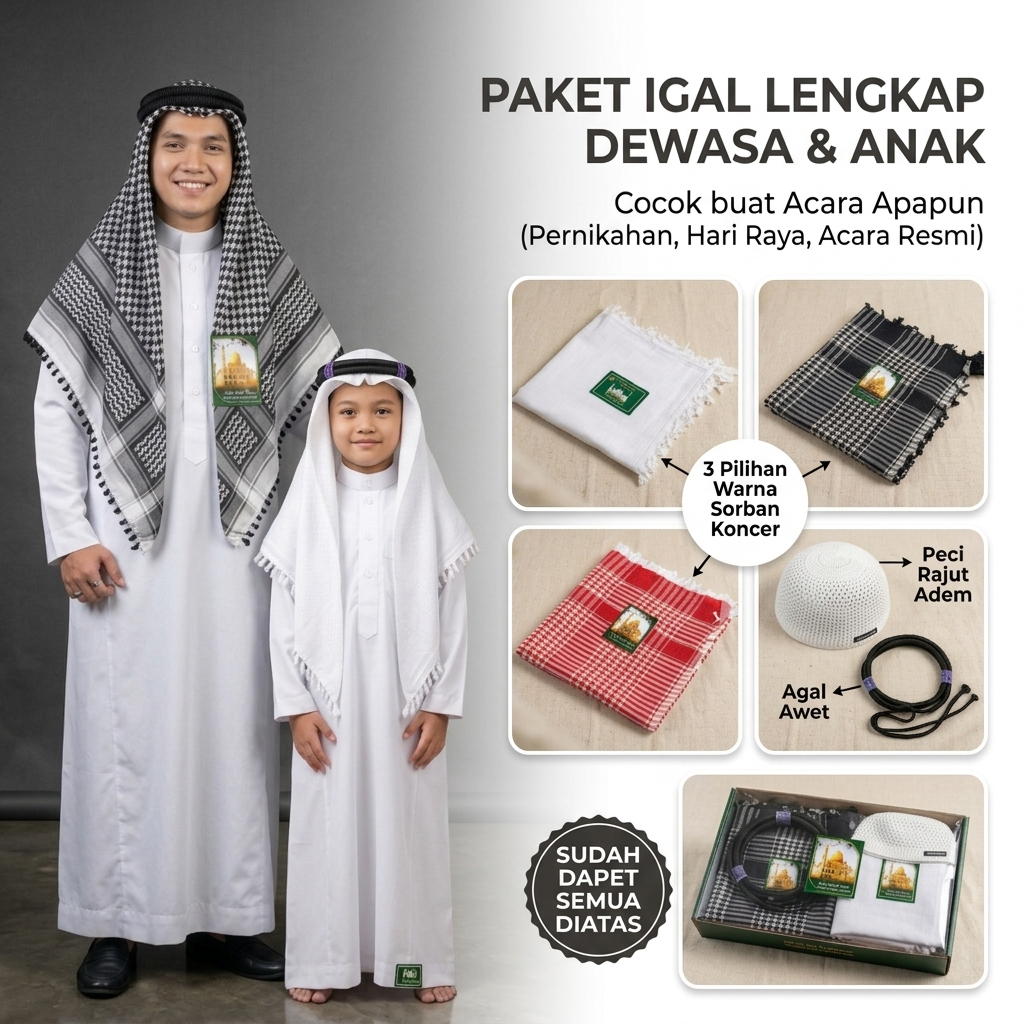 Sorban Arab Igal Arab Sorban Arab Igal Tali Peci Putih Dewasa dan anak Perlengkapan Haji Umroh Hiban
