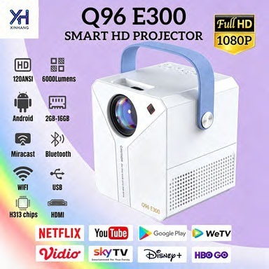 (Pengiriman Cepat) Q96 E300 Proyektor Android TV 1080P Smart Projector 6000 Lumen Mini Portable Home
