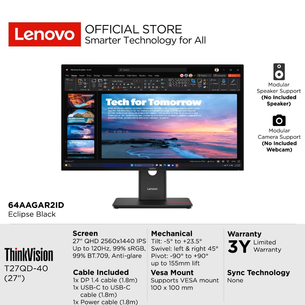 Lenovo Monitor ThinkVision T27QD-40 - 27 inch 2K QHD IPS Up to 120Hz 99% sRGB 99% BT.709 WLED Anti-g