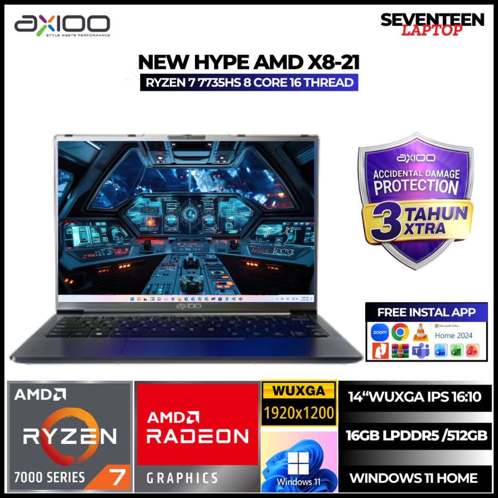 Laptop Axioo Hype 7 AMD JKT48 X8-21 AMD Ryzen 7 7735HS RAM 16GB SSD 512GB 14.0 Inch WUXGA IPS Win11