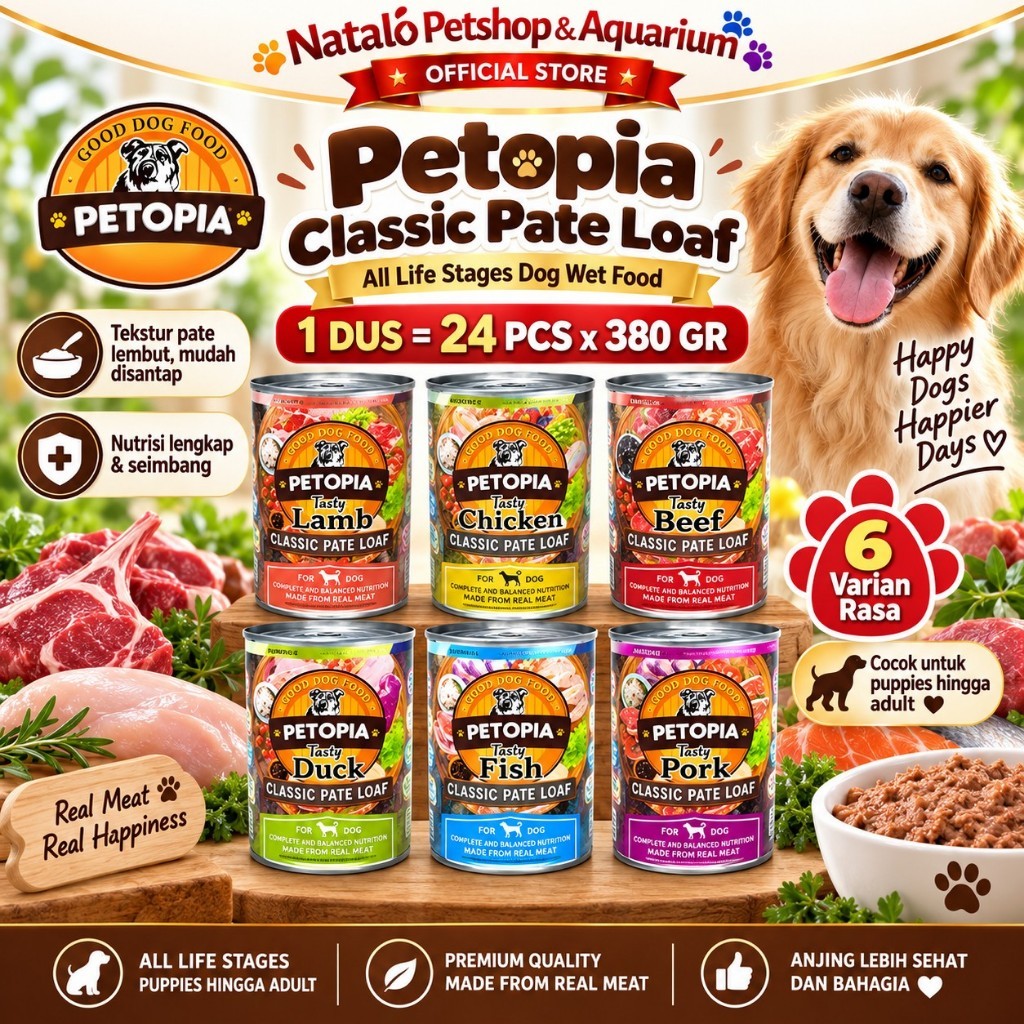 Petopia Classic Pate Loaf 1 DUS (24pcs x 380gr) All Life Stages Wet Dog Food  - Makanan Basah Kaleng