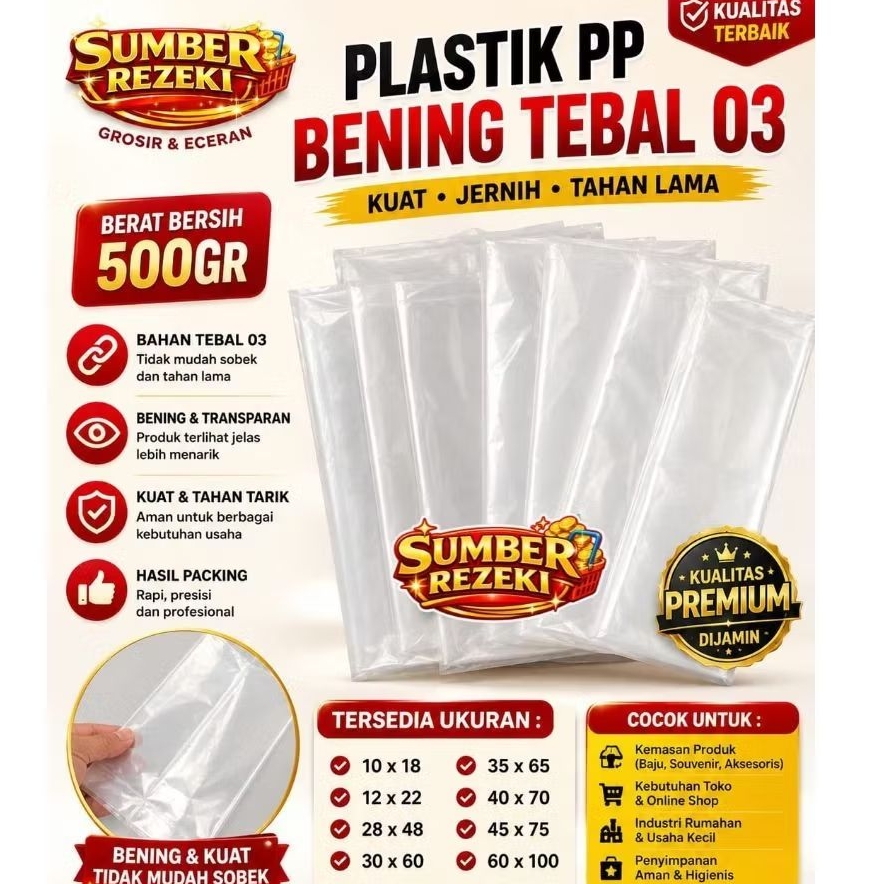 500gram Plastik PP Bening / PP Polos Merk Belida Tebal 03 / Plastik Kerupuk / PP laundry / PP ukuran