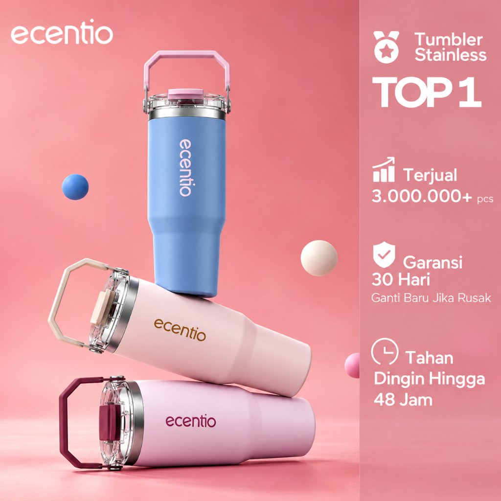 [Soft Muse Series] ecentio Tumbler Stainless 900ml Portable Thermos Botol Minum Besar Dengan Tas Tah