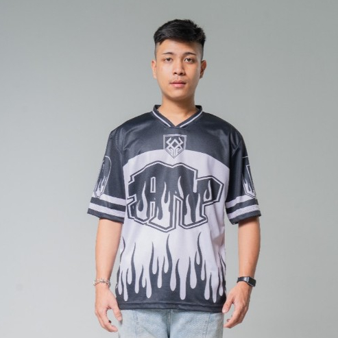 Kaos Jersey Baseball Reguler Streetwear Motif Api Hitam Abu - Baju Jersey Dryfit Premium - Api Hitam
