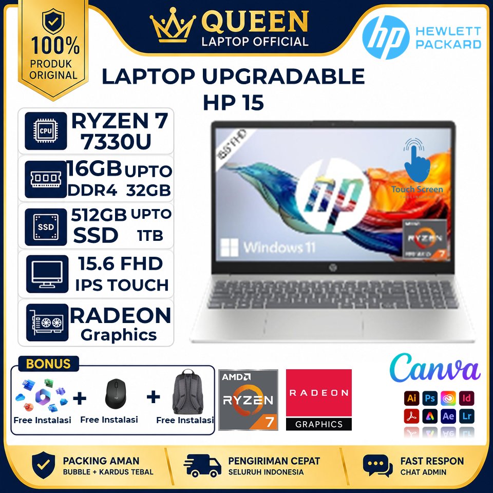 Laptop Touchscreen HP 15 AMD RYZEN 7 7730U  Ryzen 5 7520U Ram 32gb 1TB FHD IPS original terlaris