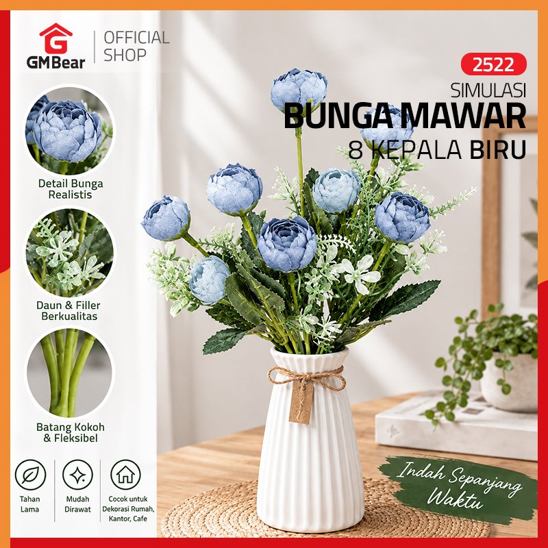 GM Bear Bunga Mawar Artificial 8 Kepala Warna Biru 2522 - Bunga Mawar Palsu Bunga Mawar Plastik Arti