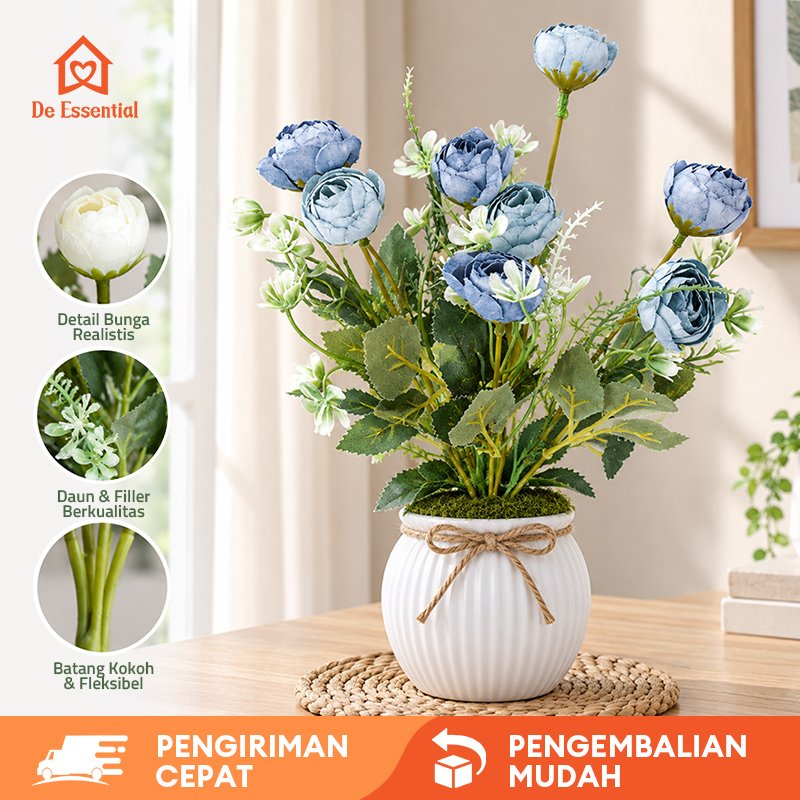 De Essential Bunga Mawar Artificial 8 Kepala Warna Biru 2522 - Bunga Mawar Palsu Bunga Mawar Plastik