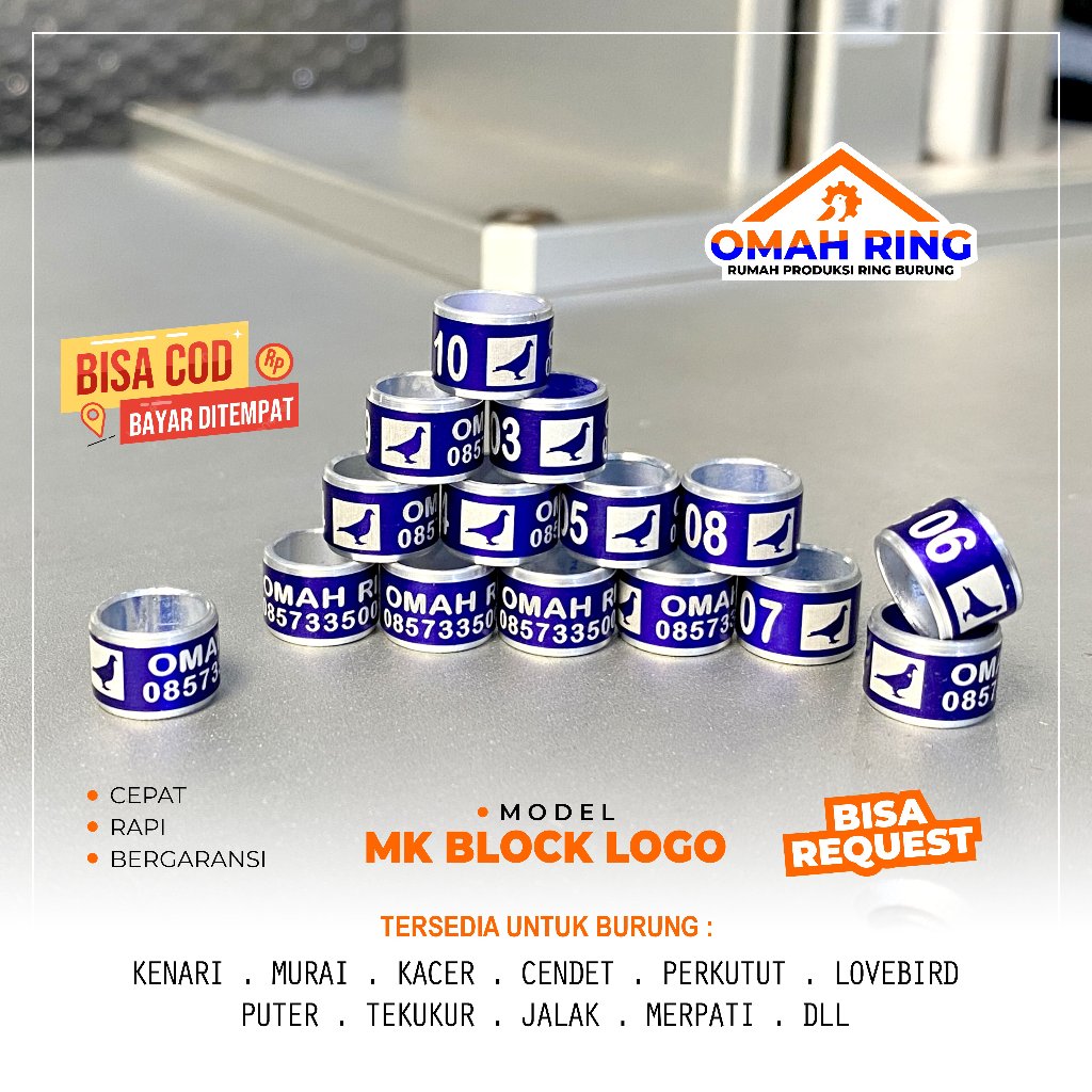 OMAH RING | Model MK Silver Blok Logo Saja per 15 Pcs | Ring Burung Custome untuk merpati, murai dll