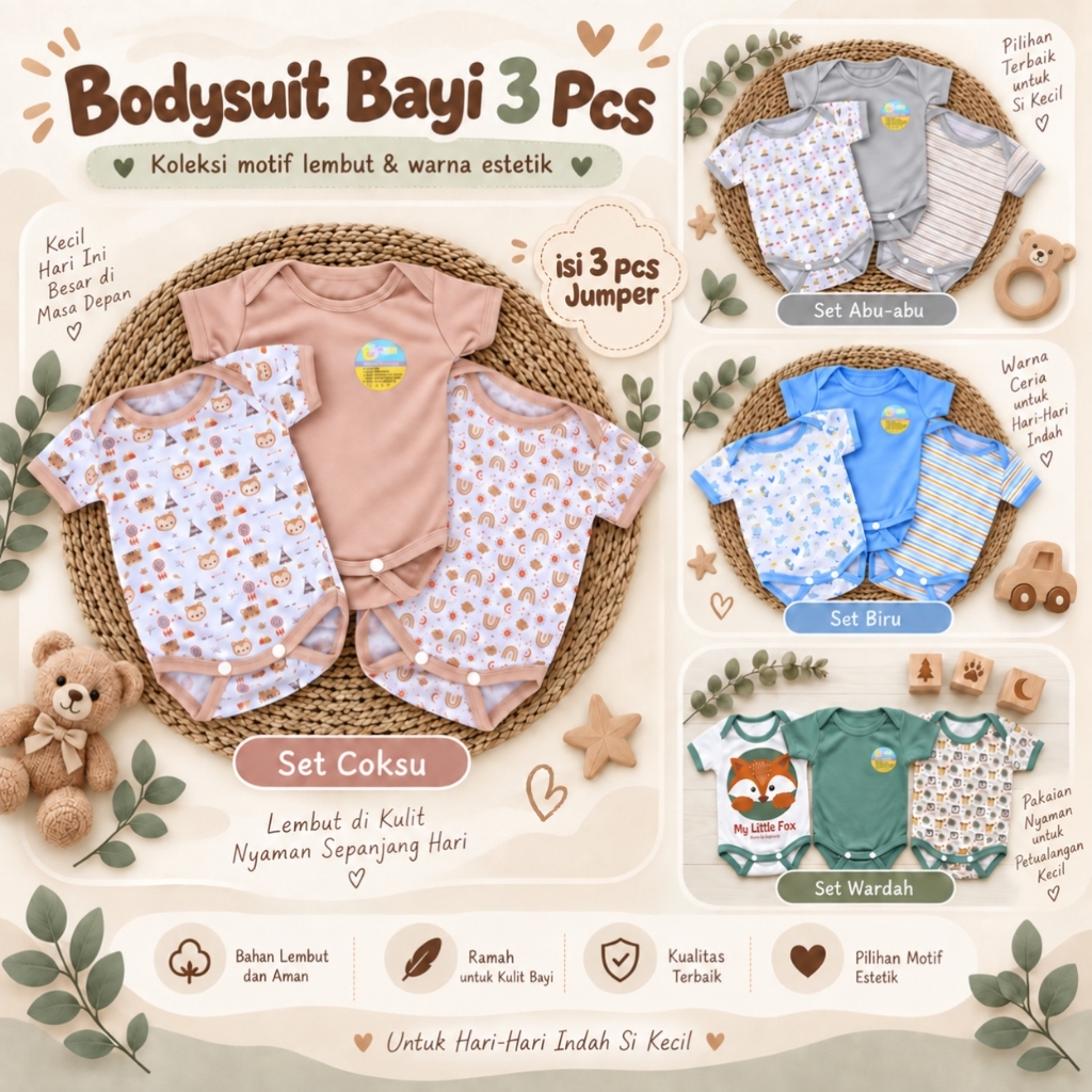3in1 jumper bayi pendek jumpsuit baby laki laki perempuan motif salur polos dan tabur newborn