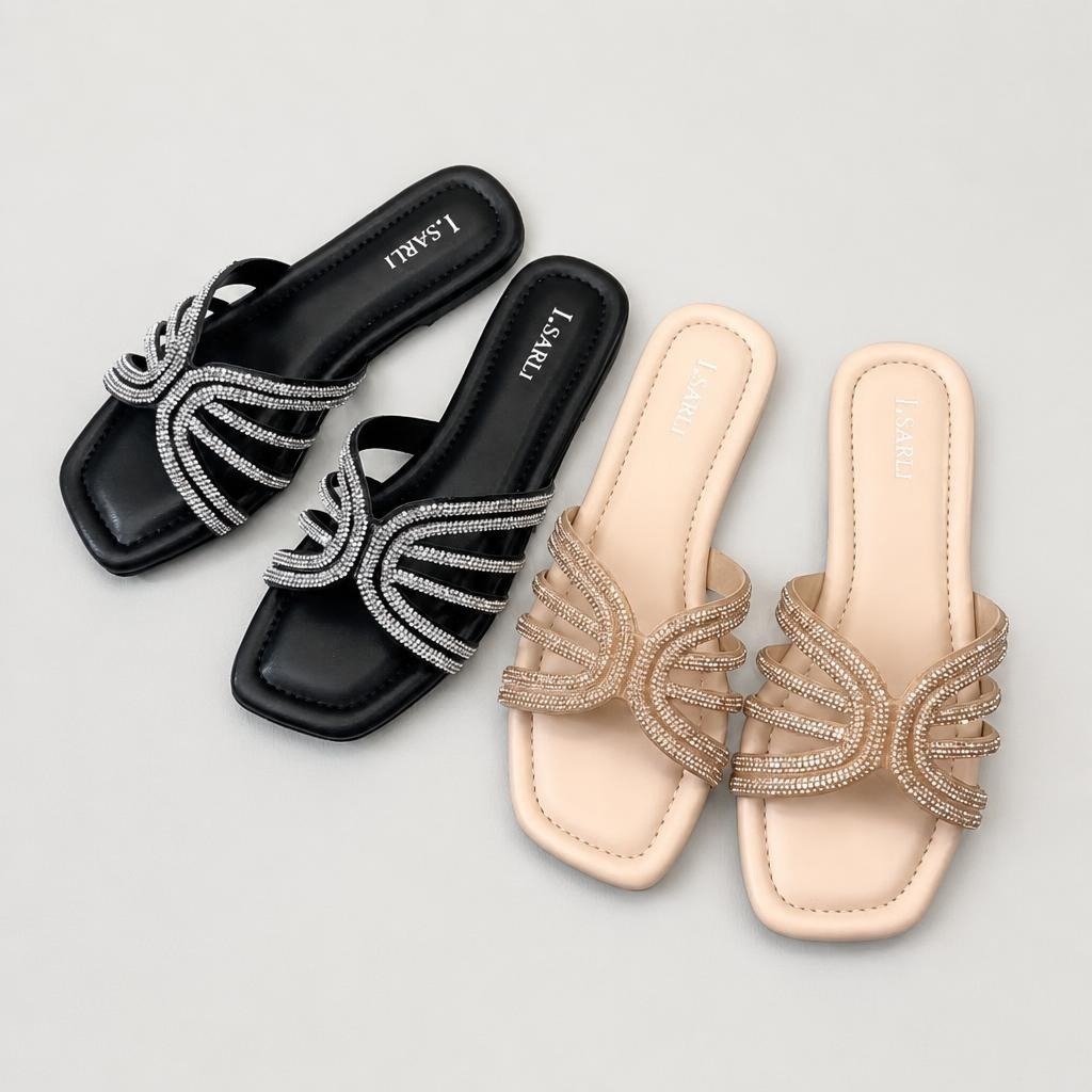 Isarli Shoes - JJ.243 Sandal Tali Kristal Melengkung - Sandal Flat Wanita - Size 37-41 - Hitam, Nude