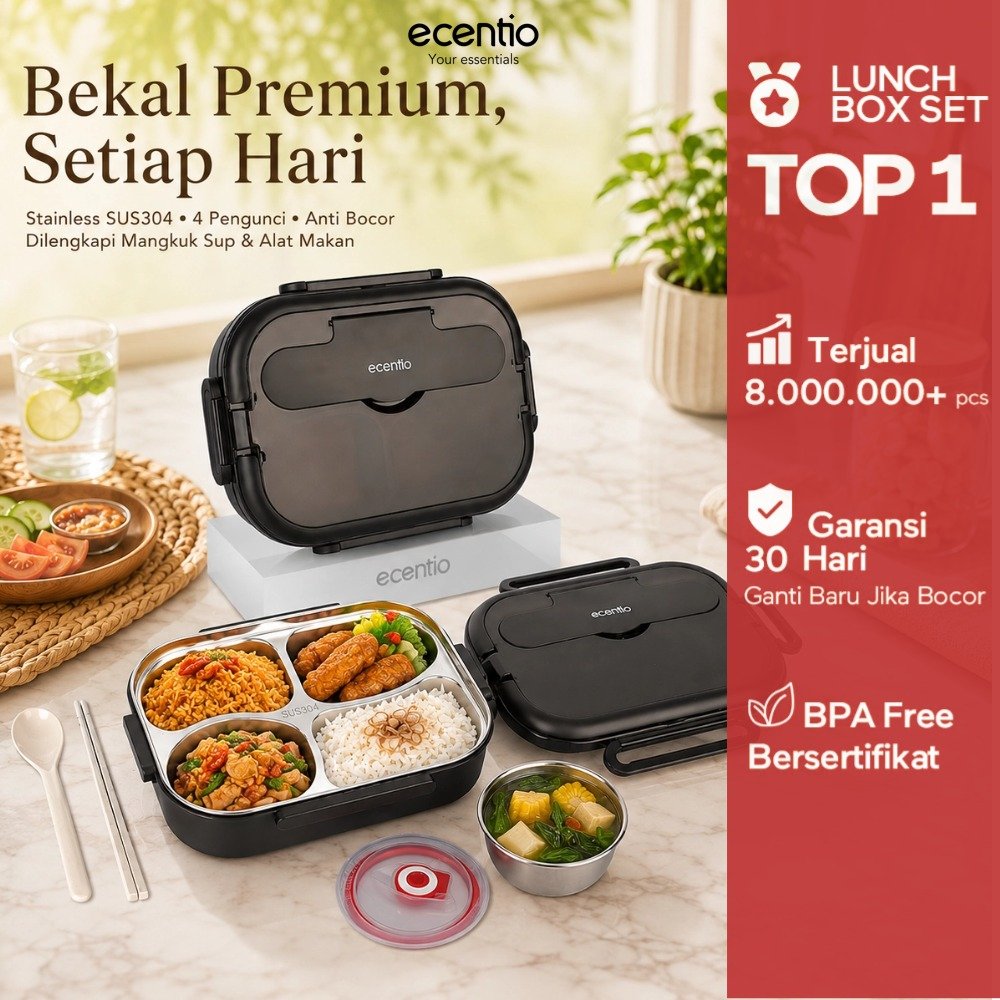 [Ready Stock] ecentio Lunch Box Stainless 304 1000ML Kotak Makan Anti Bocor Anti Tumpah Tempat Bekal