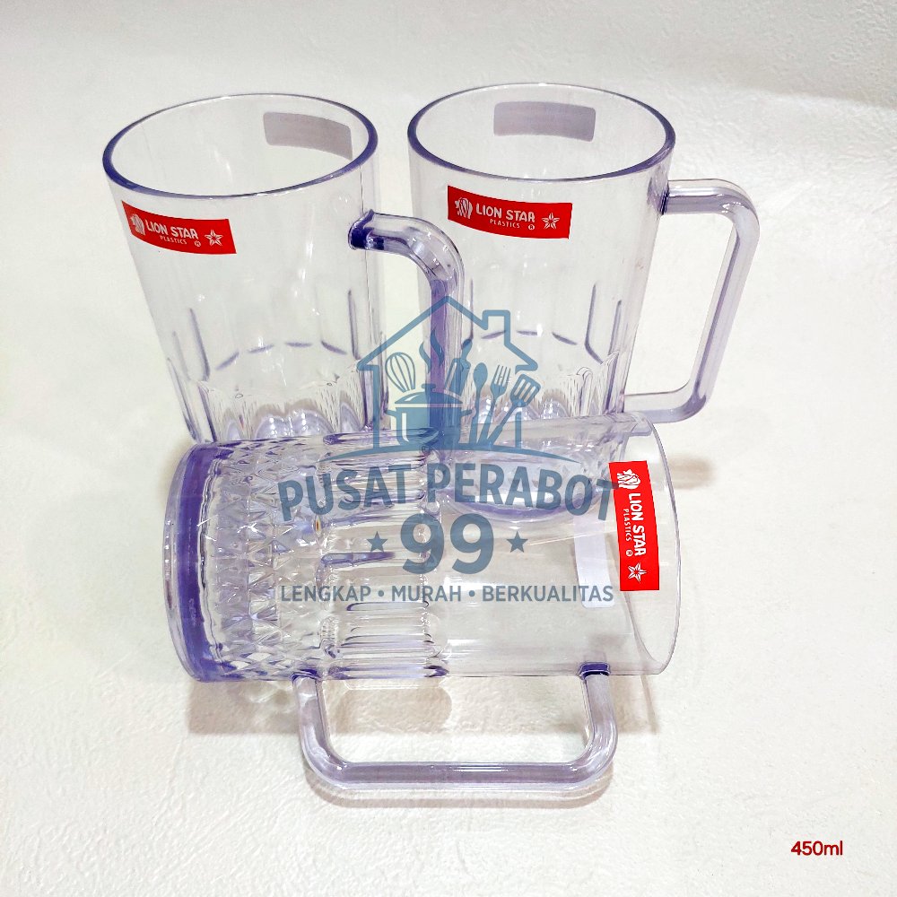 gelas plastik gagang / mug transparan / cangkir bening 450ml lion star