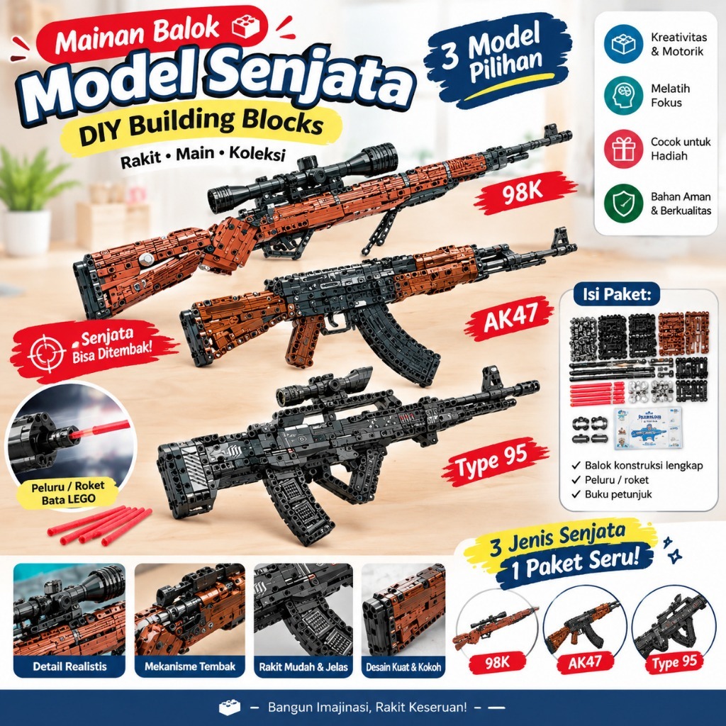Mainan Balok Model Senjata | Building Blocks DIY 98K AK47