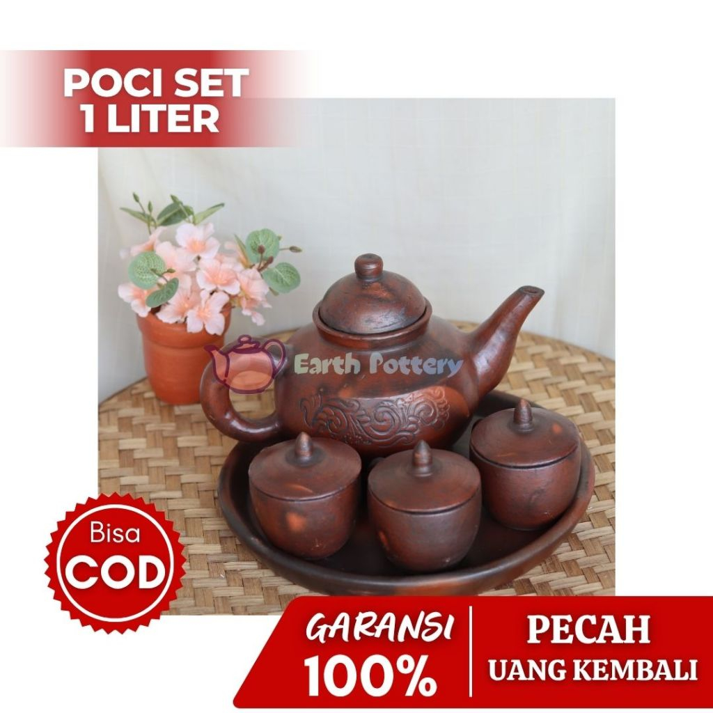 Poci Teh 1 Liter / Teko Tanah Liat / Set Poci Gerabah