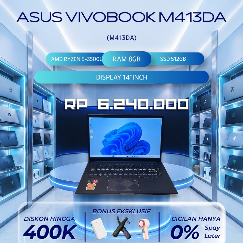 LAPTOP ASUS VIVOBOOK M413DA 14INC FHD AMD RYZEN 5-3500U RAM 8GB SSD 512GB BACKLITE | SIAP PAKAI