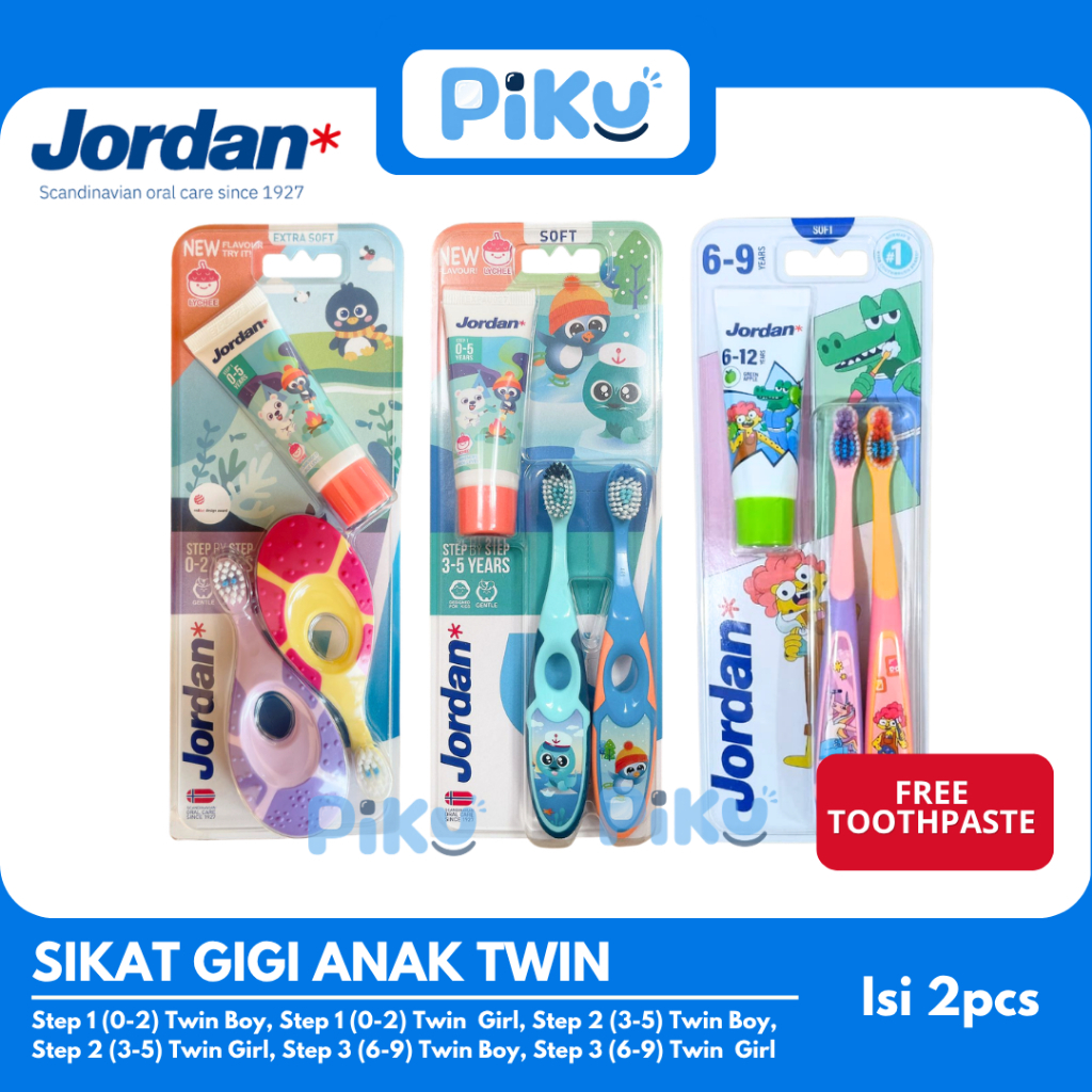 JORDAN Twin Sikat Gigi 2pcs + Free Sample Pasta Gigi Step 1 2 3 / Sikat Gigi Anak Tooth Brush Kids J