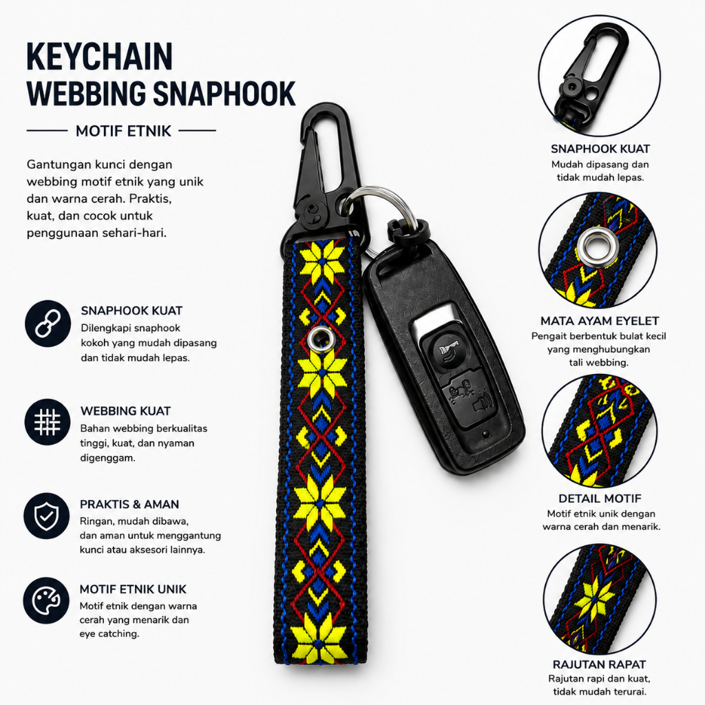 Gantungan Kunci Webbing Snaphook Motif Etnik dengan Mata Ayam dan Snaphook Kuat