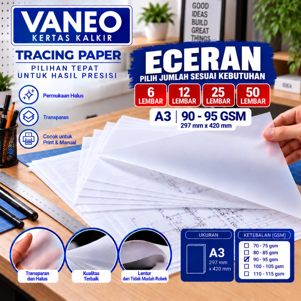 Vaneo Kertas Kalkir A3 90/95 gsm Tracing Paper eceran