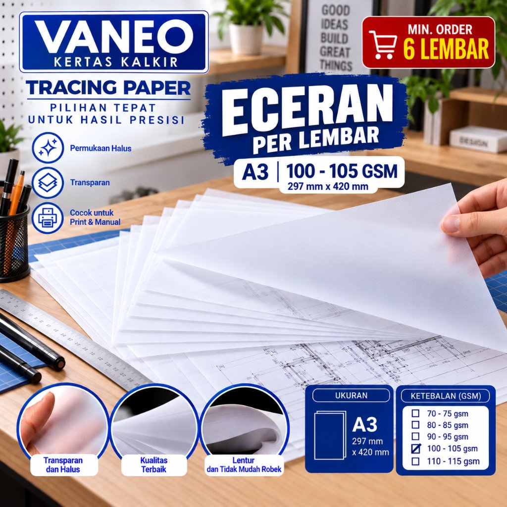 Vaneo Kertas Kalkir A3 100/105 gsm Tracing Paper lembaran