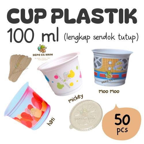Paket Cup Es Krim Puding Jelly Agar-agar Plastik 100 ml Motif Printing (lengkap Sendok Tutup Murah 1