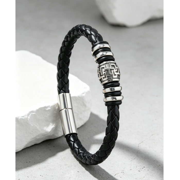 Gelang Kulit Asli Pria Desain Perak Hitam, Gelang Keren, Aksesoris