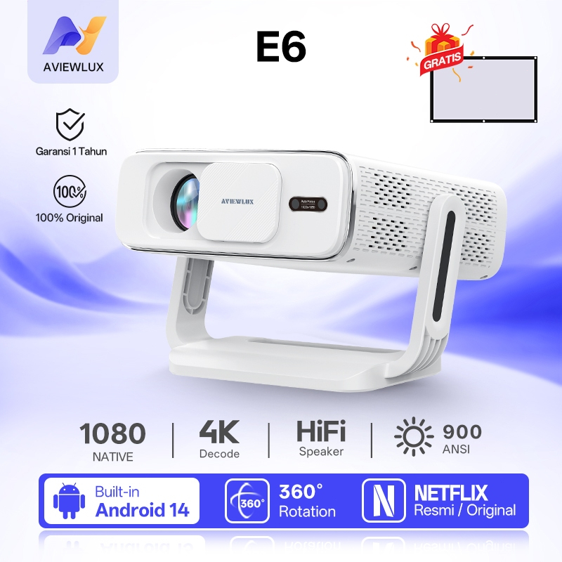 AVIEWLUX E6 Smart Proyektor LCD - Android 14  - 900 ANSI  - 4K Decoding - WiFi 6 & Bluetooth 5.2 -Po