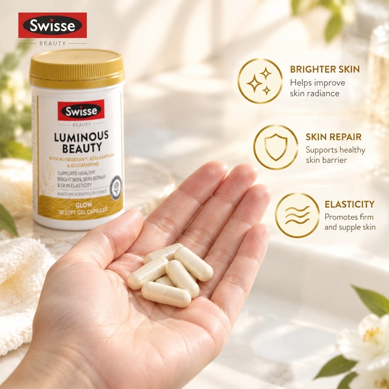 Swisse Beauty Luminous Beauty Glow 30 Kapsul Gel Lembut dengan Nutroxun Astaxanthin & Glutathione