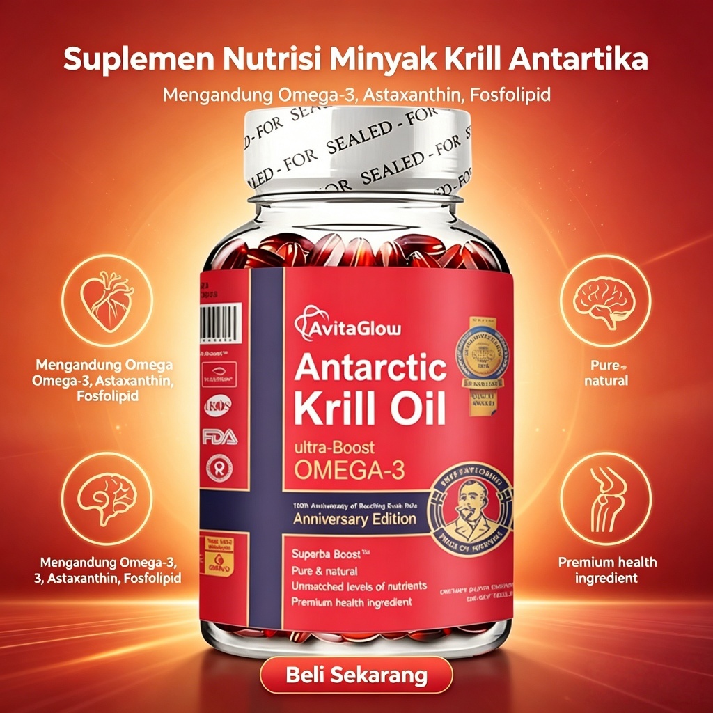 AvitaGlow Minyak Krill Antartika 1000mg 120 Softgel Superba Boost Omega-3 EPA DHA Astaxanthin Fosfol