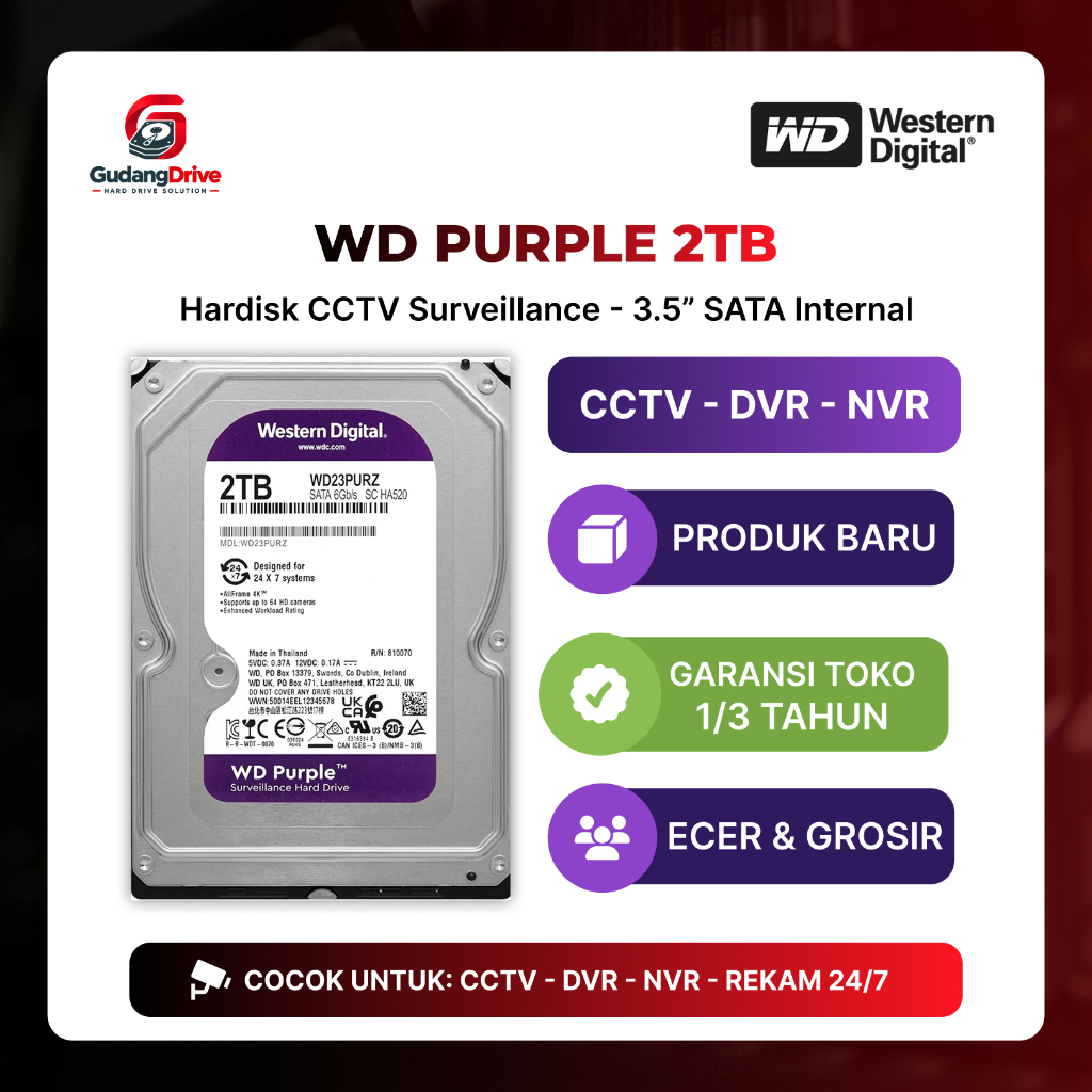 Hard Disk WD Purple 2TB 2T CCTV DVR NVR HDD Surveillance Baru Bergaransi