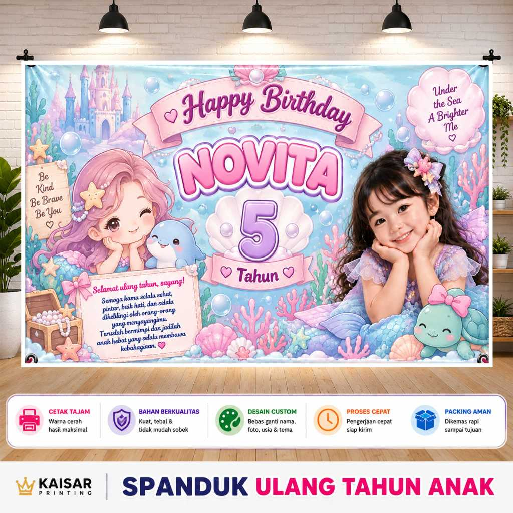 Spanduk Ulang Tahun Anak Happy Birthday Tema Little mermaid