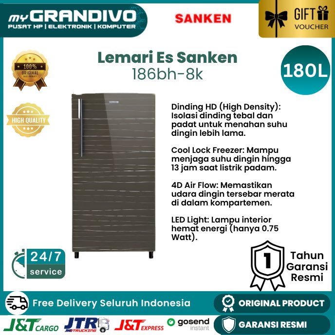 Kulkas Sanken 180 Liter SK-G186BH-8k/CF Kulkas 1 Pintu Glass Door Low Watt Big Freezer - myGrandivo